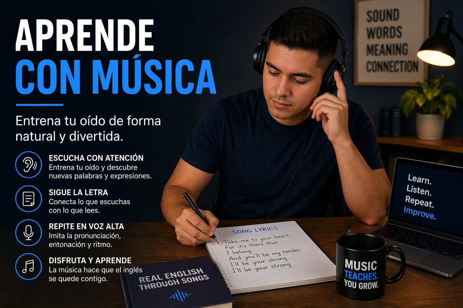 Persona aprendiendo inglés con música usando audífonos y leyendo la letra de una canción, representando el método práctico para mejorar comprensión y pronunciación en inglés