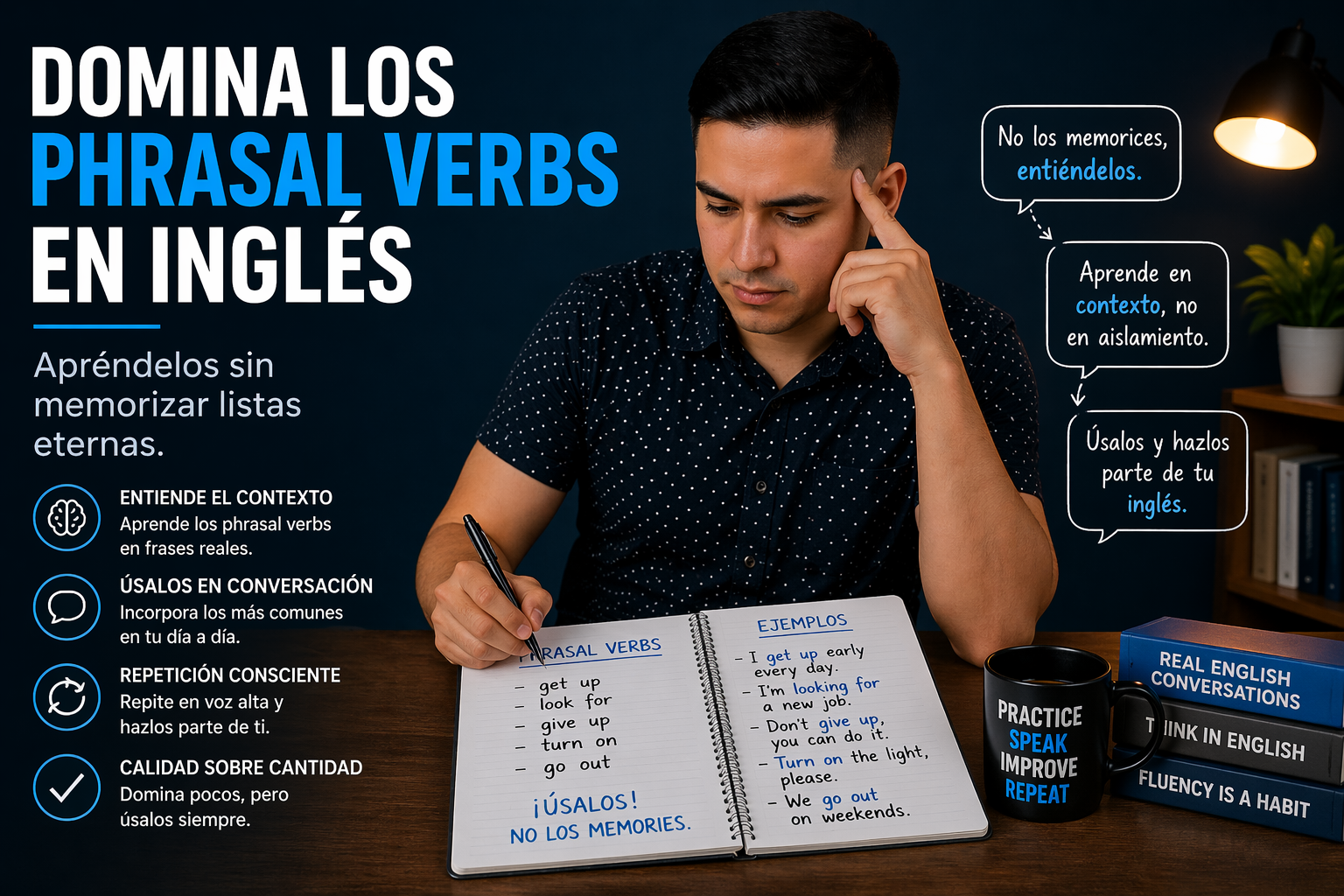 Persona estudiando phrasal verbs en inglés con ejemplos en un cuaderno, representando el aprendizaje práctico en contexto para mejorar la fluidez