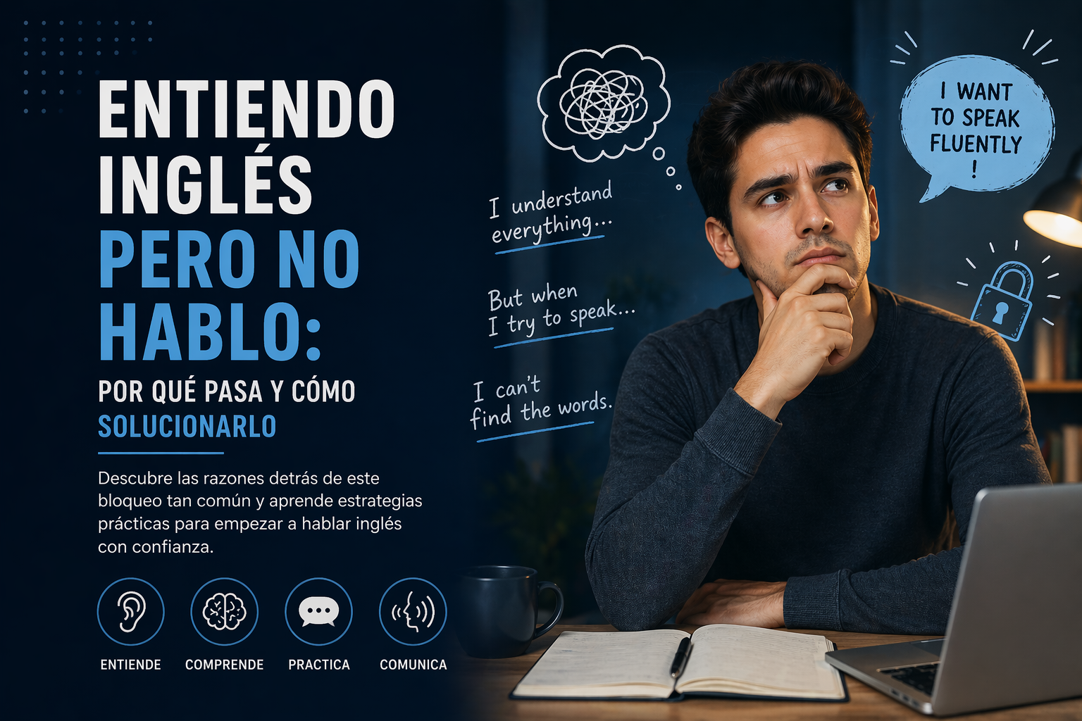 Hombre pensando frente a un cuaderno con dificultad para hablar inglés, representando el problema de entender inglés pero no poder hablarlo