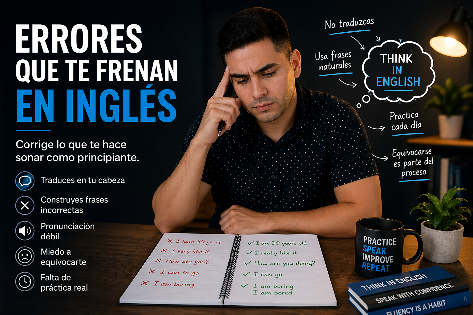 Persona revisando errores al hablar inglés en un cuaderno, representando el proceso de corregir fallas comunes para mejorar la fluidez y la comunicación