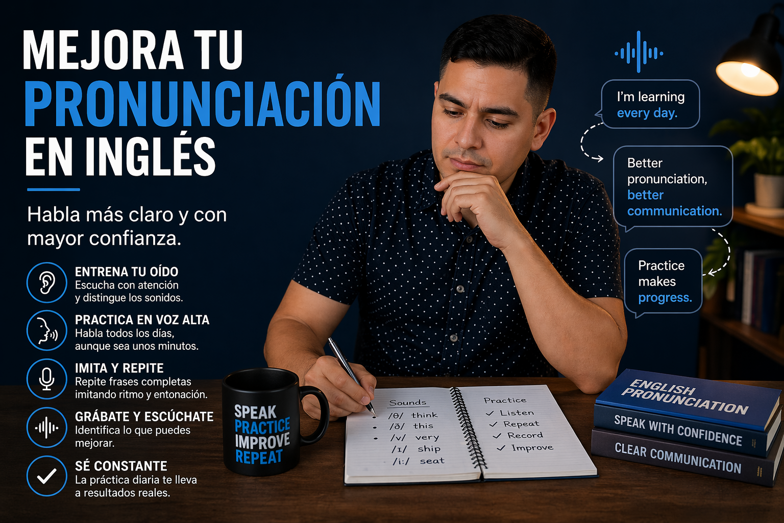 Persona practicando pronunciación en inglés con cuaderno y ejercicios, representando el proceso de mejorar pronunciación inglés y hablar con mayor claridad y confianza