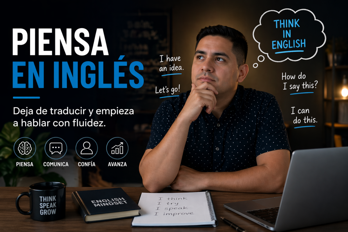 Persona pensando en inglés mientras estudia en un escritorio, representando el proceso de dejar de traducir y mejorar la fluidez al hablar inglés