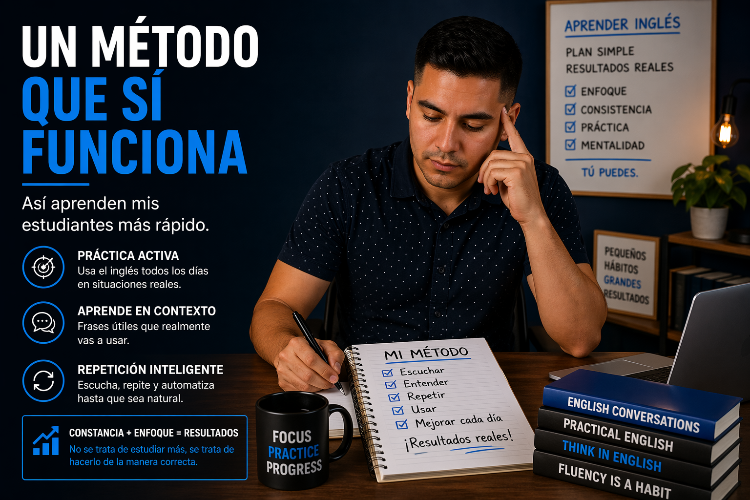 metodo para aprender ingles con practica activa repeticion y aprendizaje en contexto profesor explicando como mejorar fluidez en ingles