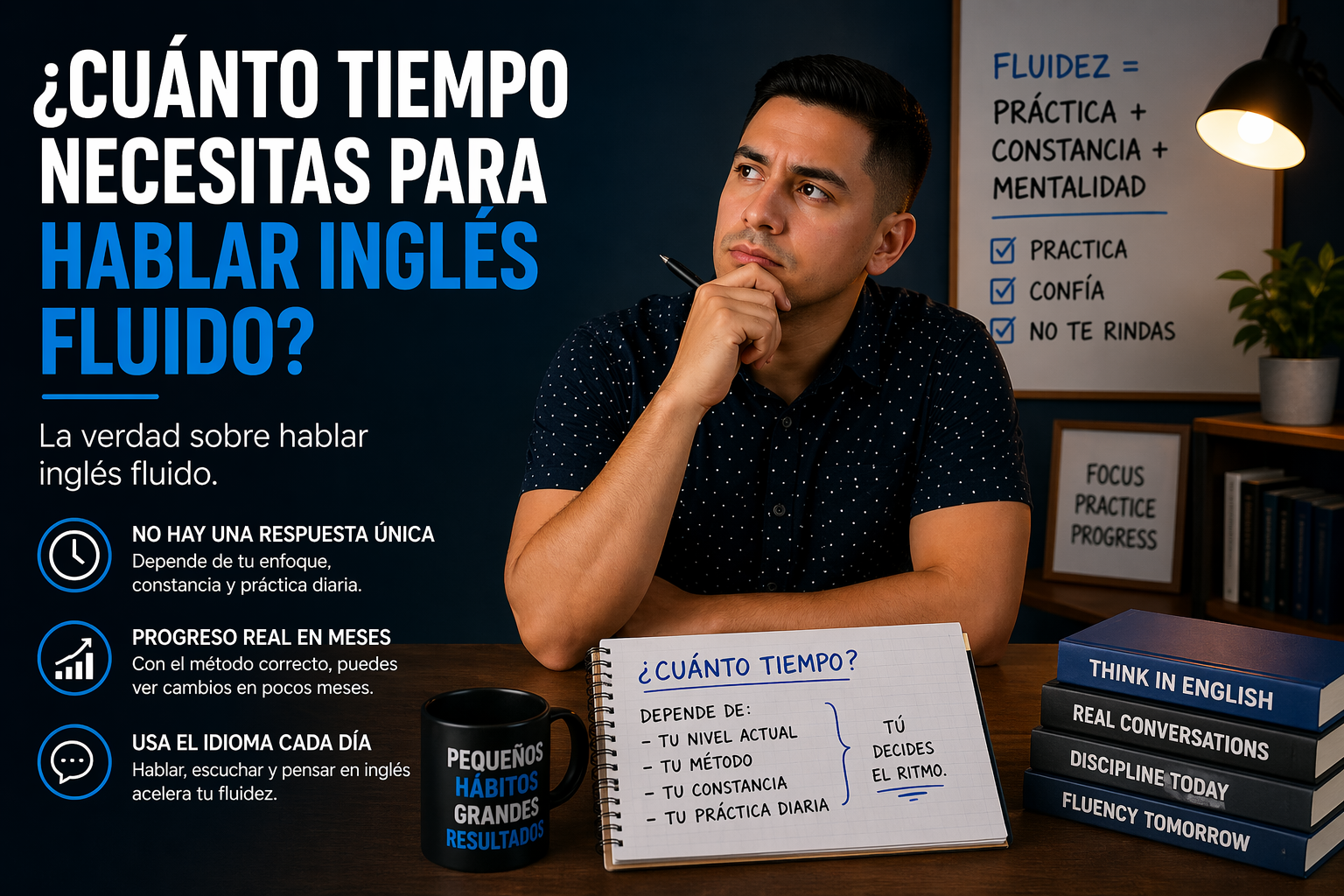 cuanto tiempo para hablar ingles fluido profesor explicando proceso de aprendizaje ingles con practica constancia y mentalidad